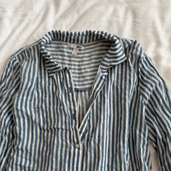 Amuse Society Blue White Striped Button Up Tunic Shirt Women’s Size S - Picture 2 of 5